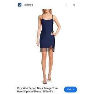 City Vibe Scoop Neck Beaded Fringe Trim Hem Slip Mini Dress Blue 13/14